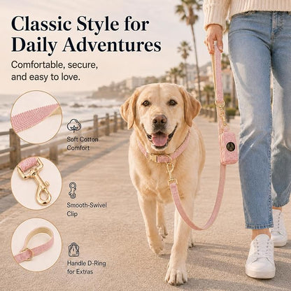 Herringbone Tweed Dog Collar and Leash Set for Large Dogs, Pink | Snag-free, no-rub design. Soft breathable cotton, gentle on fur. Adjustable durable matching combo for walks & outdoors.