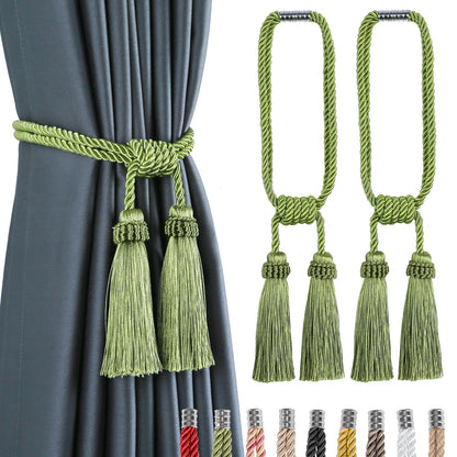Fenghuangwu Magnetic Curtain Tiebacks Tassel Curtain Tieback Modern Handmade Tie Backs,Decorative Tassel Holdback for Draperies,Window Decor (Green, 2 Pack)
