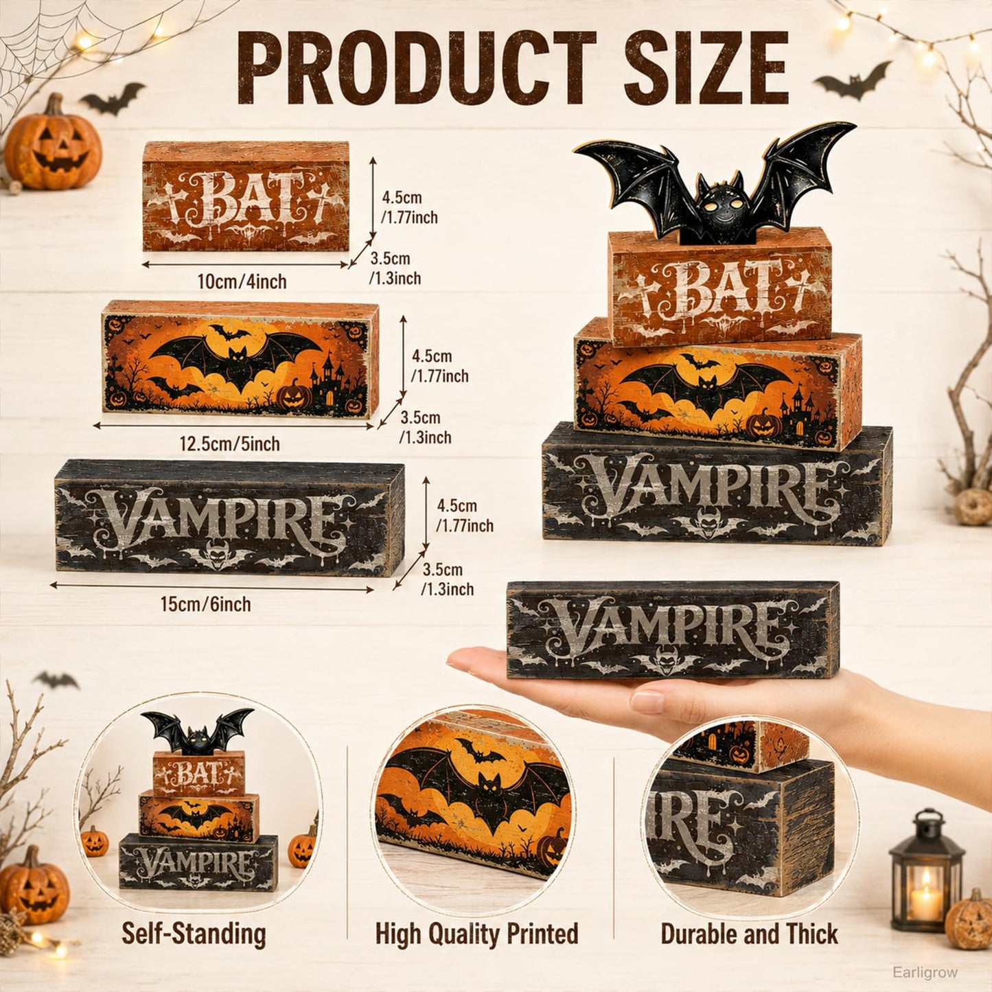 4 Pcs Halloween Table Decorations Bat Tiered Tray Decor Farmhouse Rustic Wooden Block Signs with Vampire & Jack-o'-Lantern Halloween Tabletop Centerpiece for Home Kitchen Shelf Mantel Office Desk