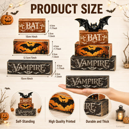 4 Pcs Halloween Table Decorations Bat Tiered Tray Decor Farmhouse Rustic Wooden Block Signs with Vampire & Jack-o'-Lantern Halloween Tabletop Centerpiece for Home Kitchen Shelf Mantel Office Desk