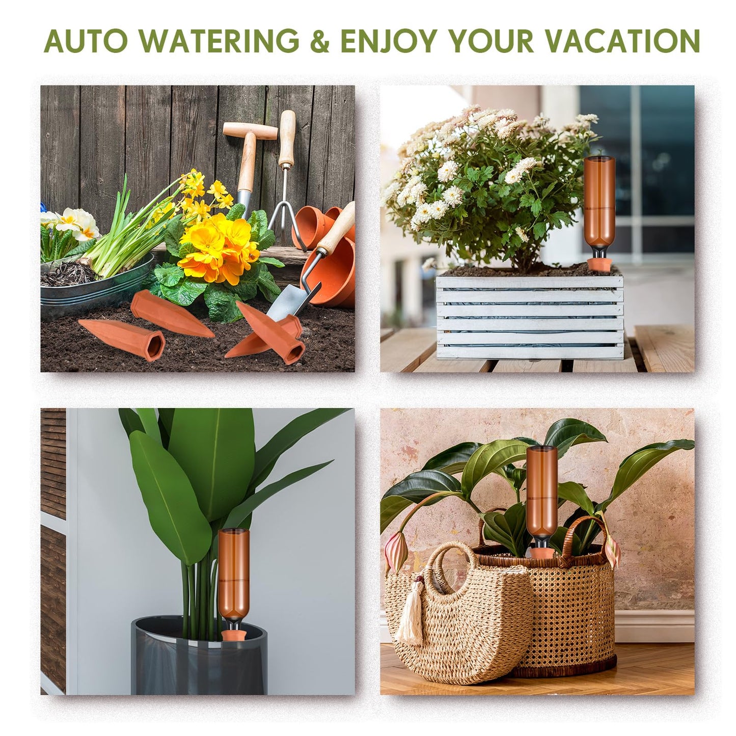 Baderke 8 Pcs 4 Set Plant Watering Devices, Terracotta Watering Spikes with 25 oz Plastic Wine Bottles, Slow Release Vacation Insert Automatic Plant Waterer Device for Indoor Outdoor