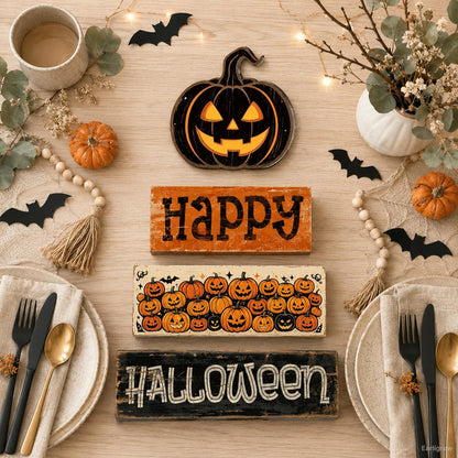 4 Pcs Halloween Tiered Tray Decor, Farmhouse Rustic Wooden Block Signs with Scary Jack-O-Lantern, Happy Halloween Pumpkin Tabletop Centerpiece for Home Kitchen Mantel Shelf