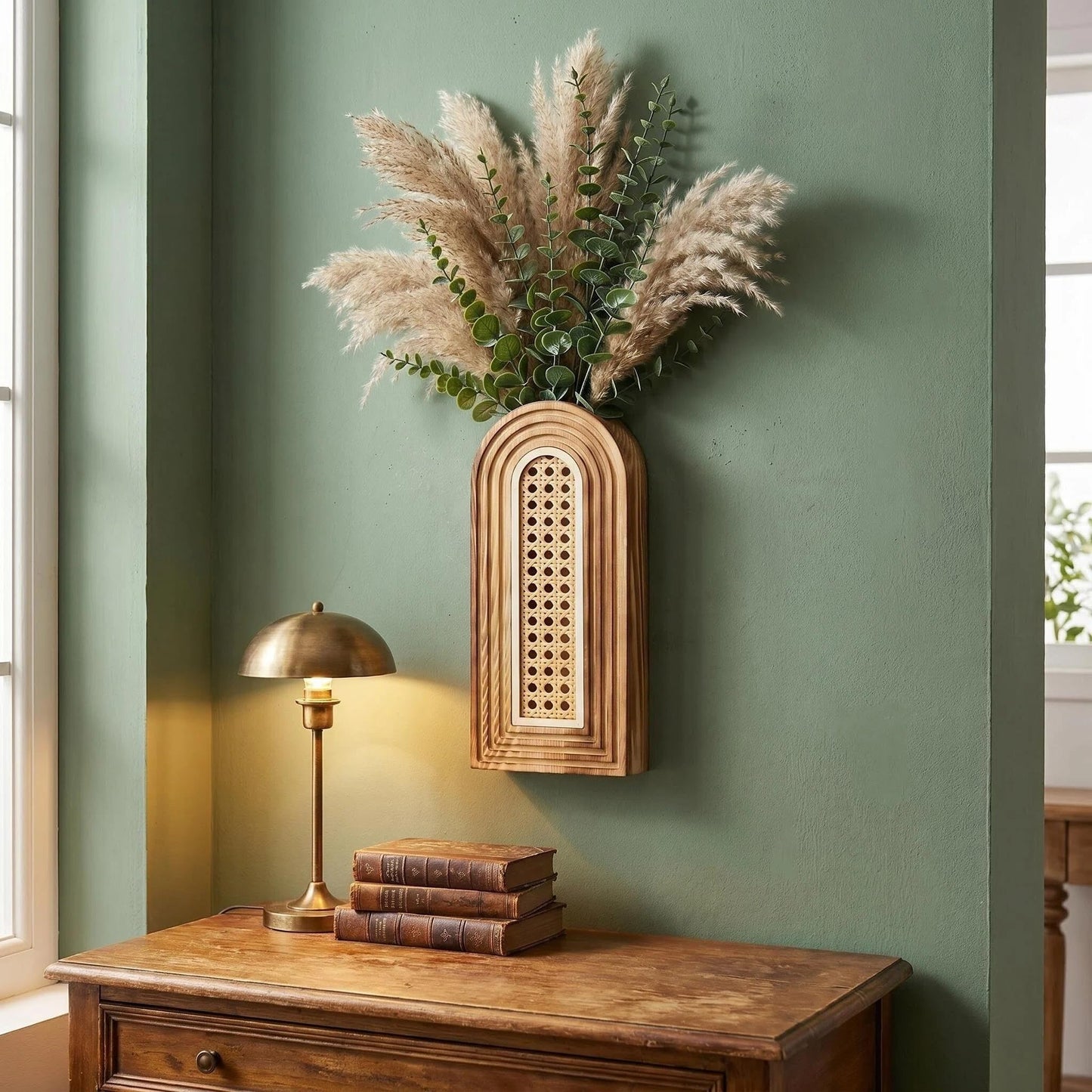 Dnnnii 2 Pack Wooden Wall Vase Set - Brown Finish Hollow Rattan Modern Farmhouse & Boho Wall Decor for Entryway, Hallway, Bathroom, Living Room, Dining Room, Narrow Spaces