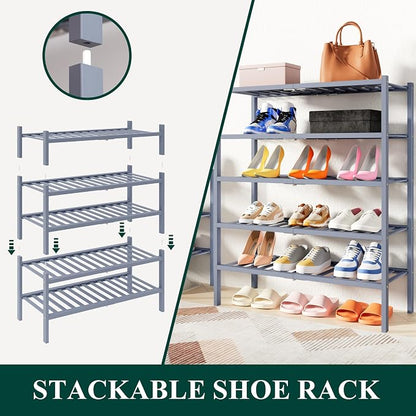 Smiry Bamboo Shoe Rack, 2 Tier Free Standing Wooden Shoe Organizer, Stackable Wood Shoe Storage Shelf for Closet, Entryway, 14 Vertical Slats, One-piece Heavy-Duty Legs, 26.8"x11"x13", Grey