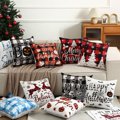 GlikCeil Set of 16 Christmas Pillow Covers 18 x 18 Inch Holiday Throw Pillow Covers Halloween Fall Winter Seasonal Pillowcases Decorative Cushion Pillowcases for Farmhouse Home Couch Sofa Decor