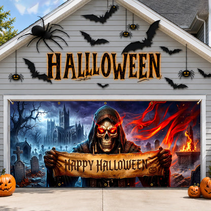 Halloween Garage Door Banner 13x6 FT Outdoor Decoration, Large Spooky Yard Decor Backdrop, Weatherproof Easy Install for Halloween Party (Funny Witch Cat Door Scene, 6 x 13 ft)