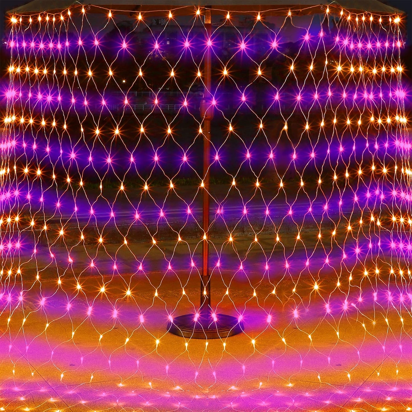 WATERGLIDE Outdoor Halloween Net Lights, 12FT x 5FT 360 LED Fairy String Light with 8 Lighting Modes, Connectable Light Safe Adaptor for Garden Tree Bushes Holiday Party Decorations, Orange & Purple