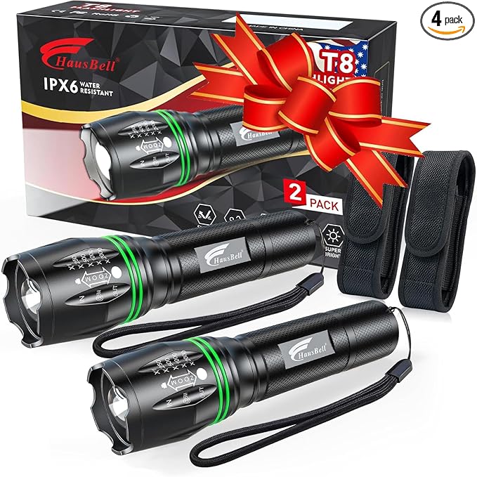 HAUSBELL T8 A100 2000 Lumen Flashlight 2 Pack with Glow-in-Dark Ring, Heavy-Duty Aluminum Tactical Flashlights High Lumens, 5 Modes Zoomable Waterproof LED for Emergency Camping Hiking Home Use