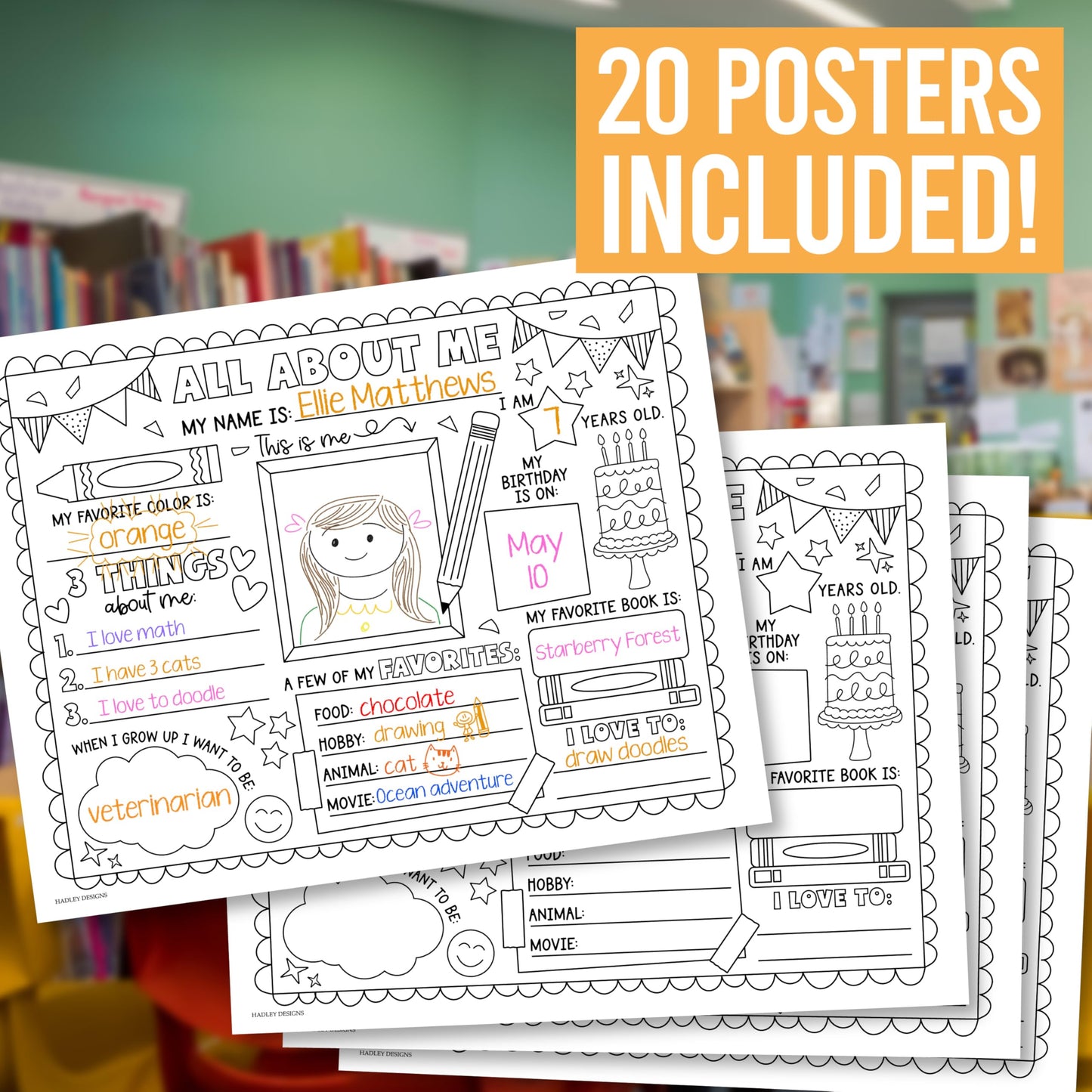 Hadley Designs All About Me Posters for Classroom Must Haves - 20 Star Student Poster, 100 Days of School Items, Star of The Week Poster Elementary Classroom Decor, End of School Year Teacher Supplies
