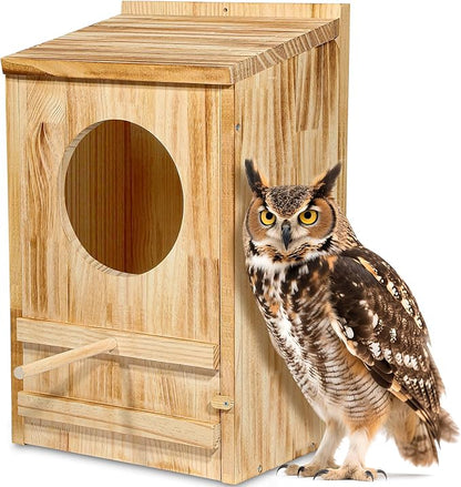 ONKO Large Great Horned Owl House,23''x 14''x 10''Owl Nesting Box for Outside,Wooden Nest House Circular Opening Bird Houses, Suitable for Wildlife Barn,Eastern Screech,Great Horned,Assembly Required