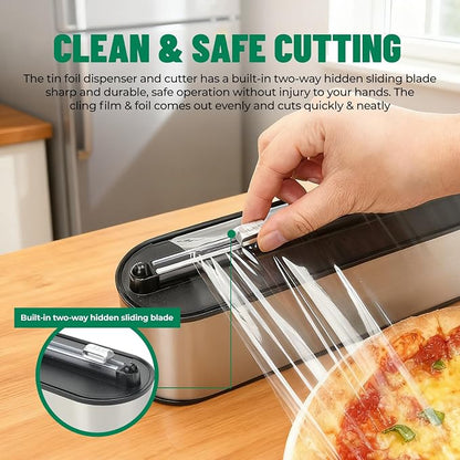 Stainless Steel & Plastic Wrap Dispenser with Cutter, Magnetic No-Drill Wall Mount Aluminum Foil Holder with Slide Cutter, for Cabinets, Space-Saving Kitchen Organizer (Silvery-Stainless Steel)