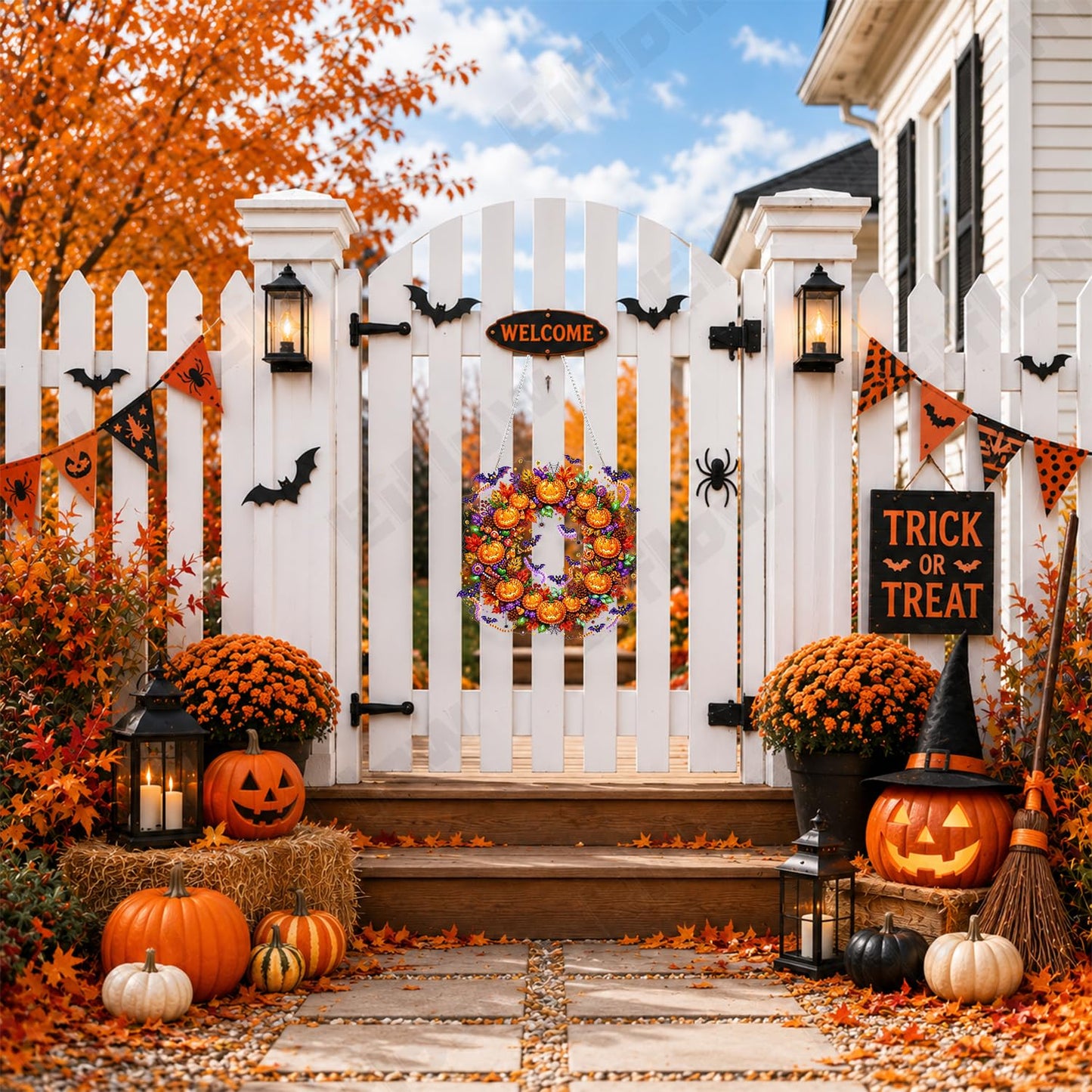 Eiflow Hanging Diamond Art Halloween Kit for Adults DIY Acrylic Diamonds Craft Painting Ornament Pumpkin Kit, Special Crystal Diamond Art Painting Window Door Hanging Pendant Wreath