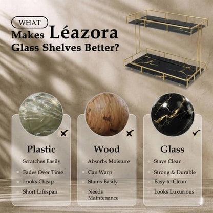 Léazora 2-Tier Black Marble Bathroom Countertop Organizer – Glass Shelves & Gold Metal Frame, Stylish Vanity Storage Shelf for Perfume, Skincare, Makeup & Toiletries