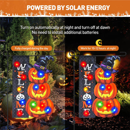 Vigor Home Halloween Lighted Garden Flag 12x18 Double Sided, Solar Outdoor Decor Yard Flags 8 Modes Led Jack-O-Lantern Welcome Halloween Pumpkins Decorations for Home Porch