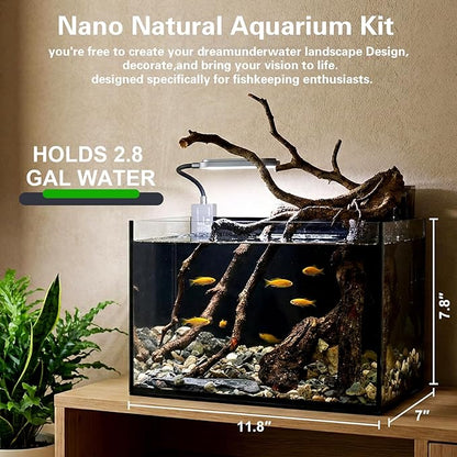 2.8 Gallon Small Aquarium Set Glass Fish Tank,Nano Nature Aquarium Kit with Waterfall Filter and Light for Beginners and Children to Keep Betta Fish, Goldfish, Shrimp, and Aquatic Plants