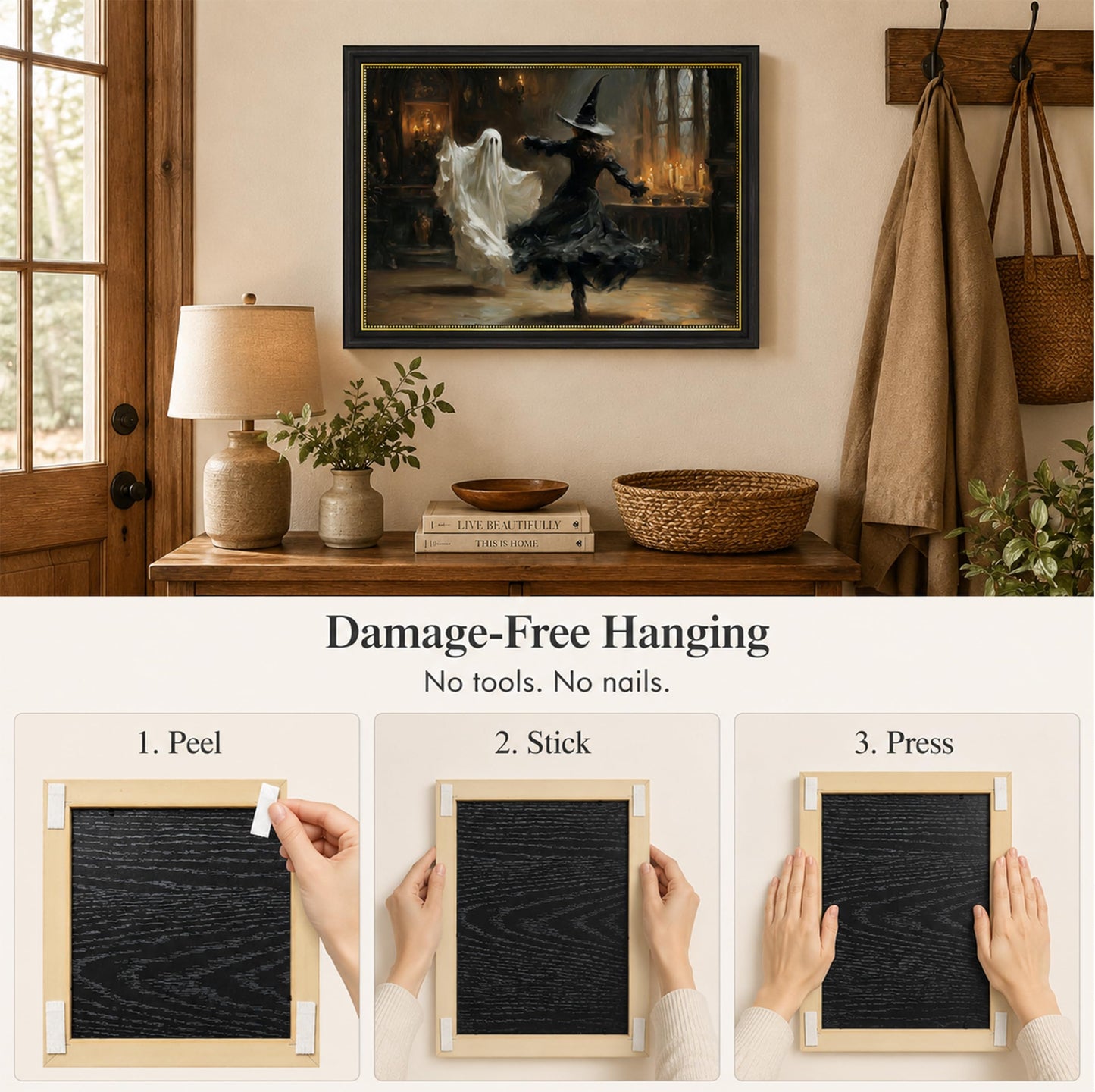 Vbaourut Framed Halloween Wall Art, Dancing Witch and Ghost Canvas Painting, Vintage Gothic Poster with Dark Brown Frame and Upgraded Hook and Loop for Bedroom, 9x11 in
