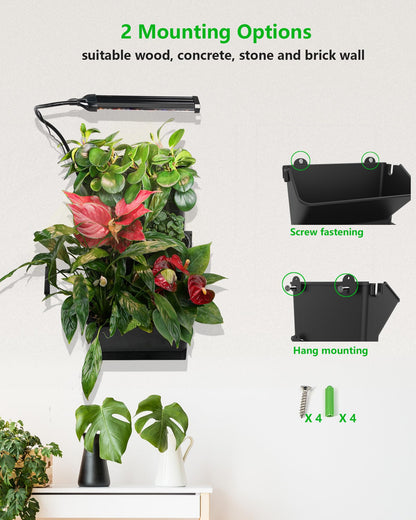 DPROOTS Wall Planters for Indoor Plants with Grow Light & Self Watering System, 6-Pot Vertical Garden for Herbs, Vegetables, Flowers, Succulents, Includes Screws & Expansion Pipes