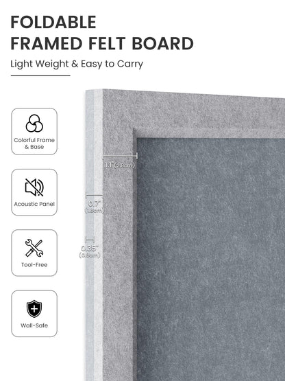 Fluxynara Foldable Cork Board Alternative, Felt Bulletin Board 23.6" x 17.5" Soft Gray Frame with 12 Adhesive Tabs, Pin Board for Home Office, Classroom, Entryway, Kitchen Wall Decor—Blue Gray