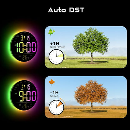 EASYERA 10" Large Digital Wall Clock with Remote Control, Music Sync RGB Atmosphere Light, Low-Reflectivity, Temperature, LED Display, Dual Alarms, BT Sync, Auto DST for Bedroom and Classroom