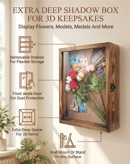 LITAITAI 14x17 Shadowbox Frame with Shelves, Deep Shadow Box Display Cases with 4 Movable Shelves,Shadow Work Journal and Workboolshadow Box for Flowers,Medals,Coins,Pictures,Weddings(Carbon)