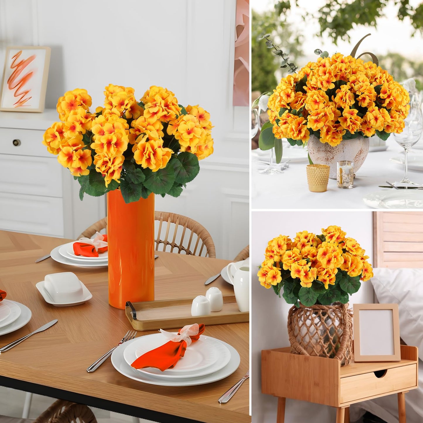 Hananona Artificial Geranium Flowers for Outdoors Geranium Silk Flowers Outdoor UV Resistant Garden Plants Faux Flowers for Home Kitchen Table Centerpieces Decor (6, Yellow)