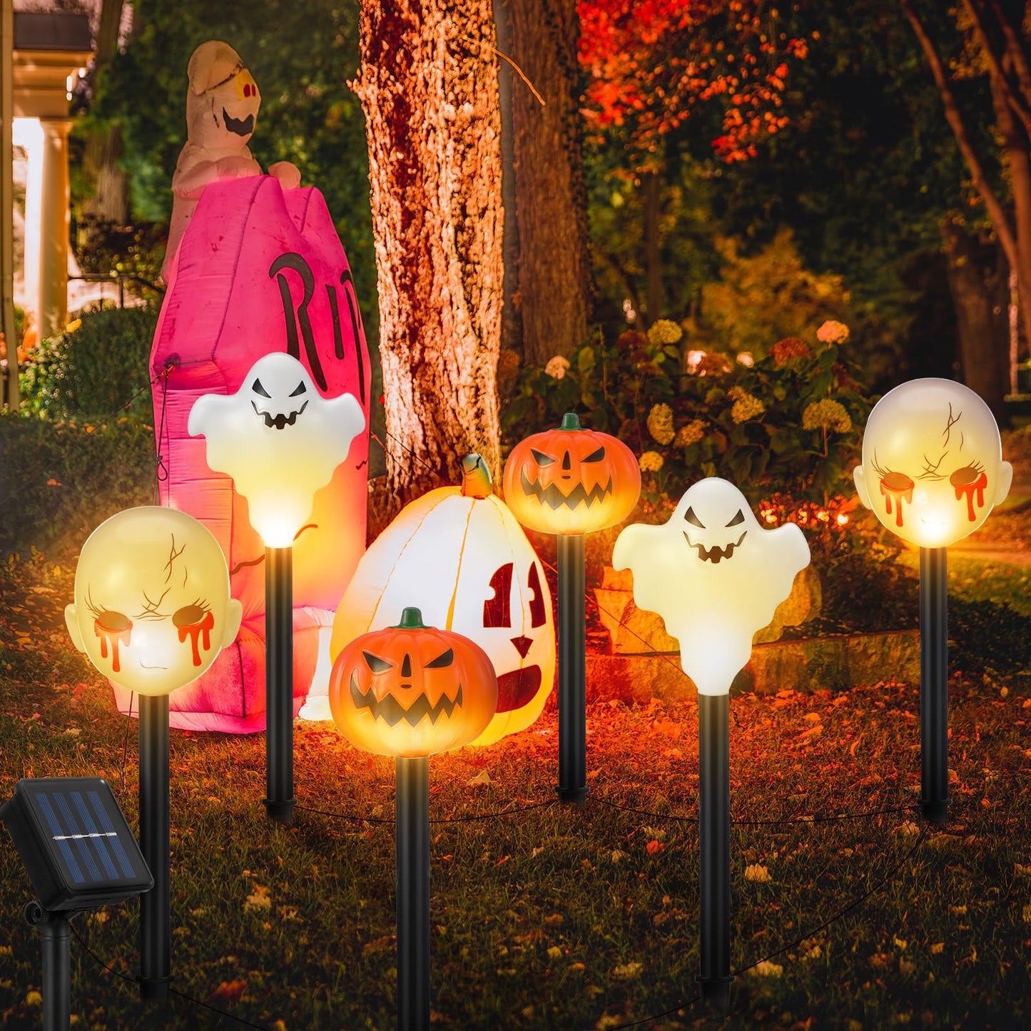 Glooglitter 6 Pack Halloween Decorations Outdoor Solar Stake Lights Halloween Lights Waterproof for Garden Patio Yard Pathway Grave Lawn Porch Party Decor(Purple Ghost)