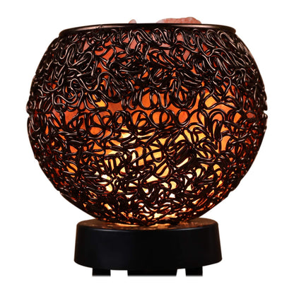 Plemo Natural Himalayan Salt Lamp with Genuine Wood Base in Classic Round Metal Basket with Dimmable Cord and Luxury Gift Box