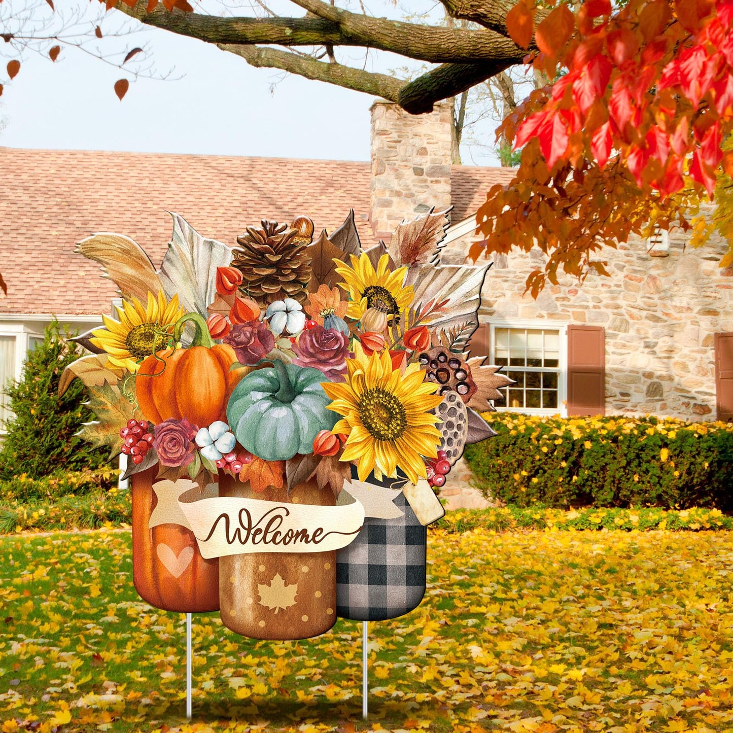 Memorywuu Metal Thanksgiving Decoration Fall Pumpkin Mason Jar Yard Sign Stake 14.2 Inch Autumn Welcome Sunflower Outdoor Yard Decor for Autumn Harvest Outside Lawn Decorations Garden Patio Walkway