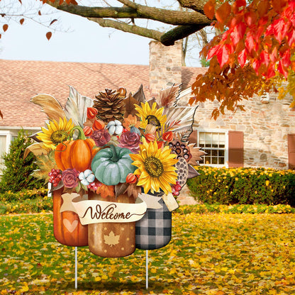 Memorywuu Metal Thanksgiving Decoration Fall Pumpkin Mason Jar Yard Sign Stake 14.2 Inch Autumn Welcome Sunflower Outdoor Yard Decor for Autumn Harvest Outside Lawn Decorations Garden Patio Walkway