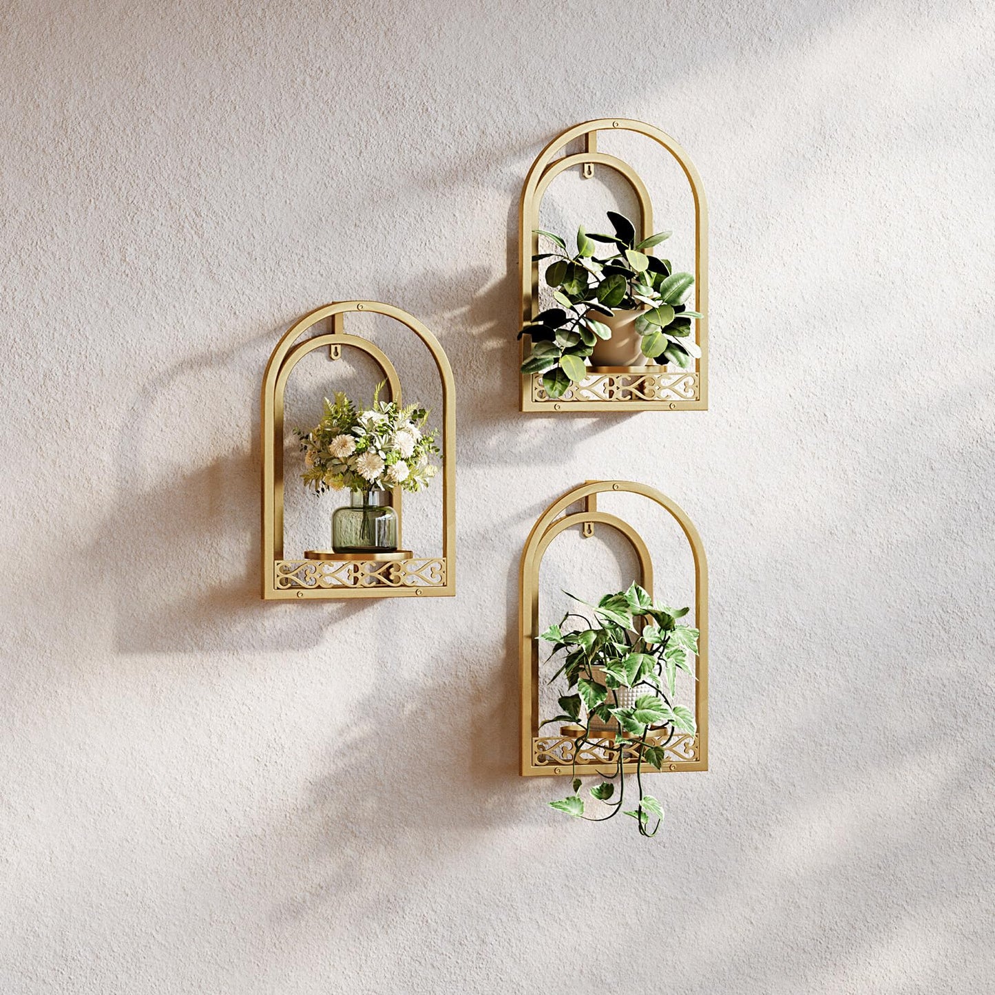 Rioneta Hanging Planter for Indoor & Outdoor Plants, Mid Century Modern Iron Frame Wall Decor for Living Room Garden Patio 3 Pack Gold（No Light）