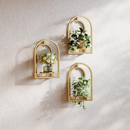 Rioneta Hanging Planter for Indoor & Outdoor Plants, Mid Century Modern Iron Frame Wall Decor for Living Room Garden Patio 3 Pack Gold（No Light）