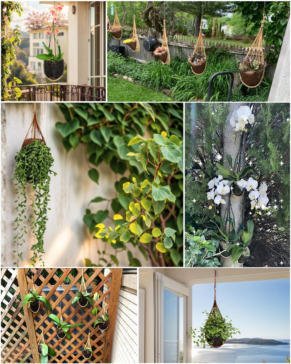 Gogeffor Hanging Orchid Planter: 3 Pack Wall Plant Pot with Adjustable Hook Breathable - 4 Inch Handmade Bamboo Flower Basket for Indoor Window Balcony Corridor Railing Garden Fence - Brown
