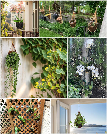 Gogeffor Hanging Orchid Planter: 3 Pack Wall Plant Pot with Adjustable Hook Breathable - 4 Inch Handmade Bamboo Flower Basket for Indoor Window Balcony Corridor Railing Garden Fence - Brown