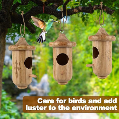 Hummingbird House for Outside Hanging, Small Wooden Hummingbird Gifts Nest 3 Pack with Hemp Ropes, Gardening Gifts Humming Bird Houses Home Decoration