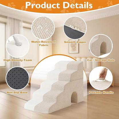 Dog Stairs for Bed 23’’ H, 5-Step Dog Steps for High Bed, Foldable Pet Stairs for Small Dogs and Cats to Get on Beds, Couch, Non-Slip Balanced Pet Steps and Ramp with Waterproof Cover, Beige