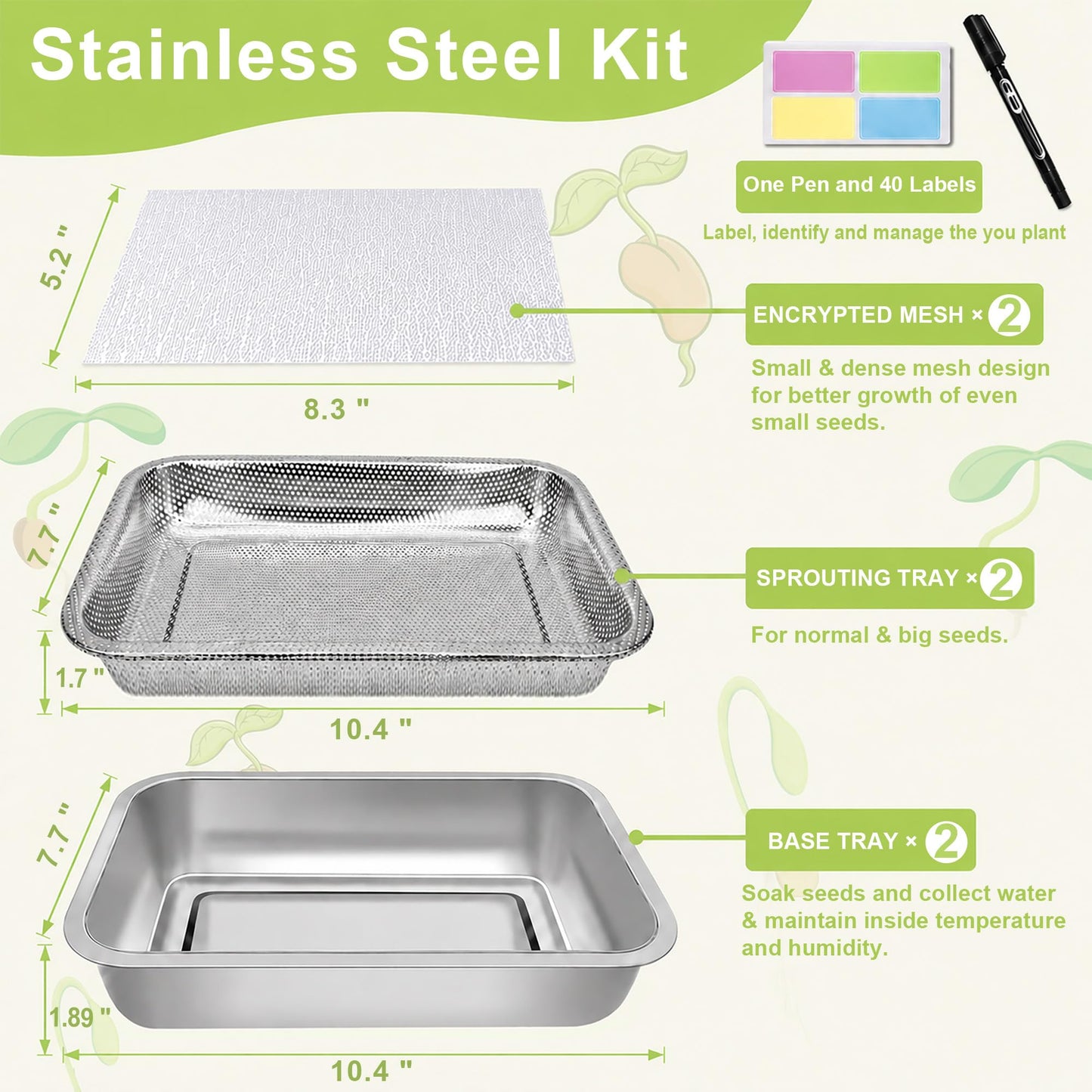 TCYPUHL Stainless Steel Sprouts Growing Kit 2-Tier 10.4 inch Trays, Microgreens Growing Kit, Seed Sprouting Tray with Encrypted Mesh Sprouts for Beans Alfalfa Broccoli Wheat Grass