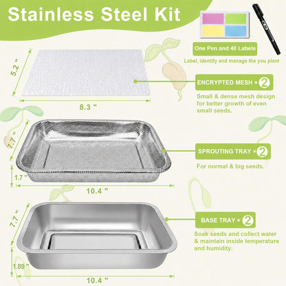 TCYPUHL Stainless Steel Sprouts Growing Kit 2-Tier 10.4 inch Trays, Microgreens Growing Kit, Seed Sprouting Tray with Encrypted Mesh Sprouts for Beans Alfalfa Broccoli Wheat Grass