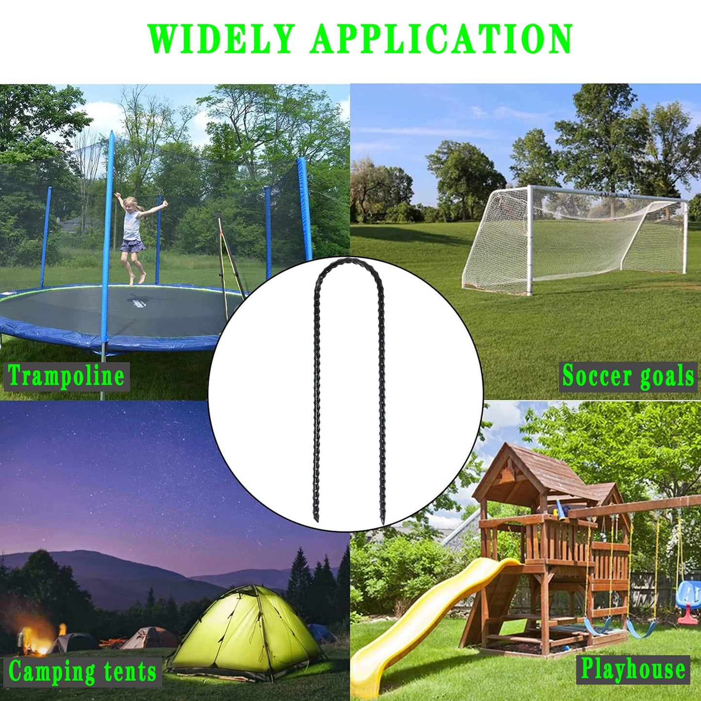 Trampolines Wind Stakes 24 Pack, 12 Inch Heavy Duty U Shaped Rebar Stake Ground Anchors Galvanized Steel Safety Trampoline Anchors for Garden Decoration, Camping Tents, Soccer Goals, etc