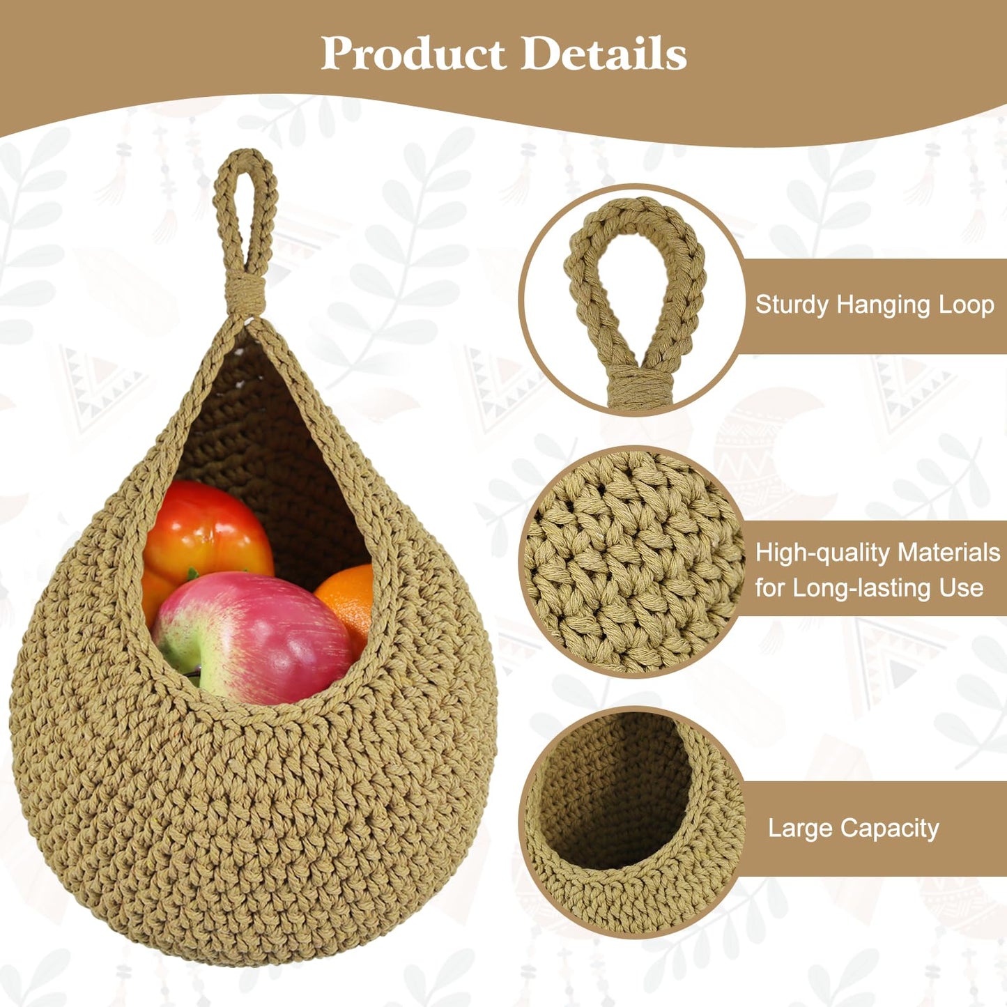 CKCY Hanging Fruit Baskets for Kitchen, 3 Pack Boho Wall Hanging Basket Woven Storage Garlic Keeper for Vegetable Produce Hammock Holder Home Kitchen Decor, Brown