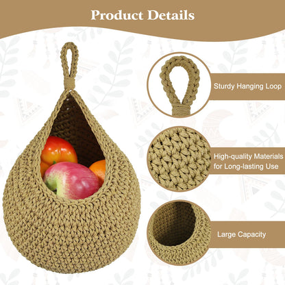 CKCY Hanging Fruit Baskets for Kitchen, 3 Pack Boho Wall Hanging Basket Woven Storage Garlic Keeper for Vegetable Produce Hammock Holder Home Kitchen Decor, Brown