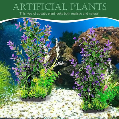 Aquarium Plants (2-Pack) Artificial Plastic Fish Fish Habitat Decor, Small to Moderate Size Aquarium Decorations, Safe Green Plants for Freshwater Tanks (Purple & Green Mix)