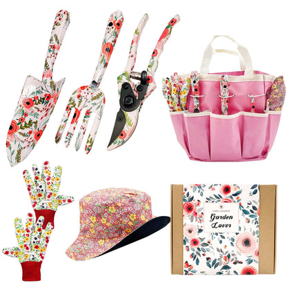 SNAIL GARDEN 6Pcs Garden Tools with Reversible Fisherman Sun Hat & Storage Bag,Gardening Hand Tools, Durable Rust-Proof Gardening Supplies, Garden Kit for Women Female Gardeners