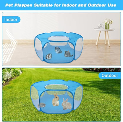 Rypet Collapsible Small Animal Cage Tent, Breathable Fabric Guinea Pig Playpen with Cover, Transparent Hamster Playpen Portable Pet Yard Exercise Fence for Reptile Rabbit Chinchilla Hedgehog(Blue)