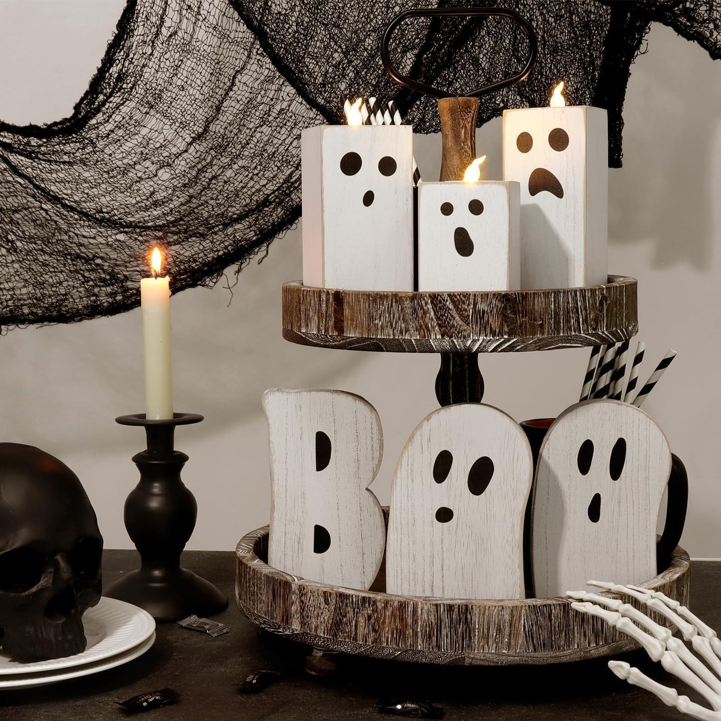 Treory Halloween Decorations: 3pcs Cute White Ghost Decor, Farmhouse Wooden Ghost Sign with Flameless LED Tea Lights, Rustic Room Decor for Kids Home Office School Desk Fireplace