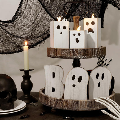 Treory Halloween Decorations: 3pcs Cute White Ghost Decor, Farmhouse Wooden Ghost Sign with Flameless LED Tea Lights, Rustic Room Decor for Kids Home Office School Desk Fireplace