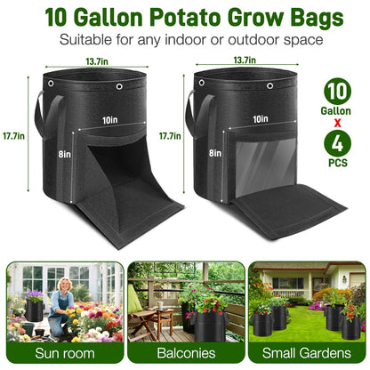 4 Pack Potato Grow Bags 10 Gallon with Harvest & Visible Window Thickened Garden Bags to Grow Vegetables with Handles & Metal Grommets for LST, Fabric Pots for Growing Carrots, Tomatoes, Onions