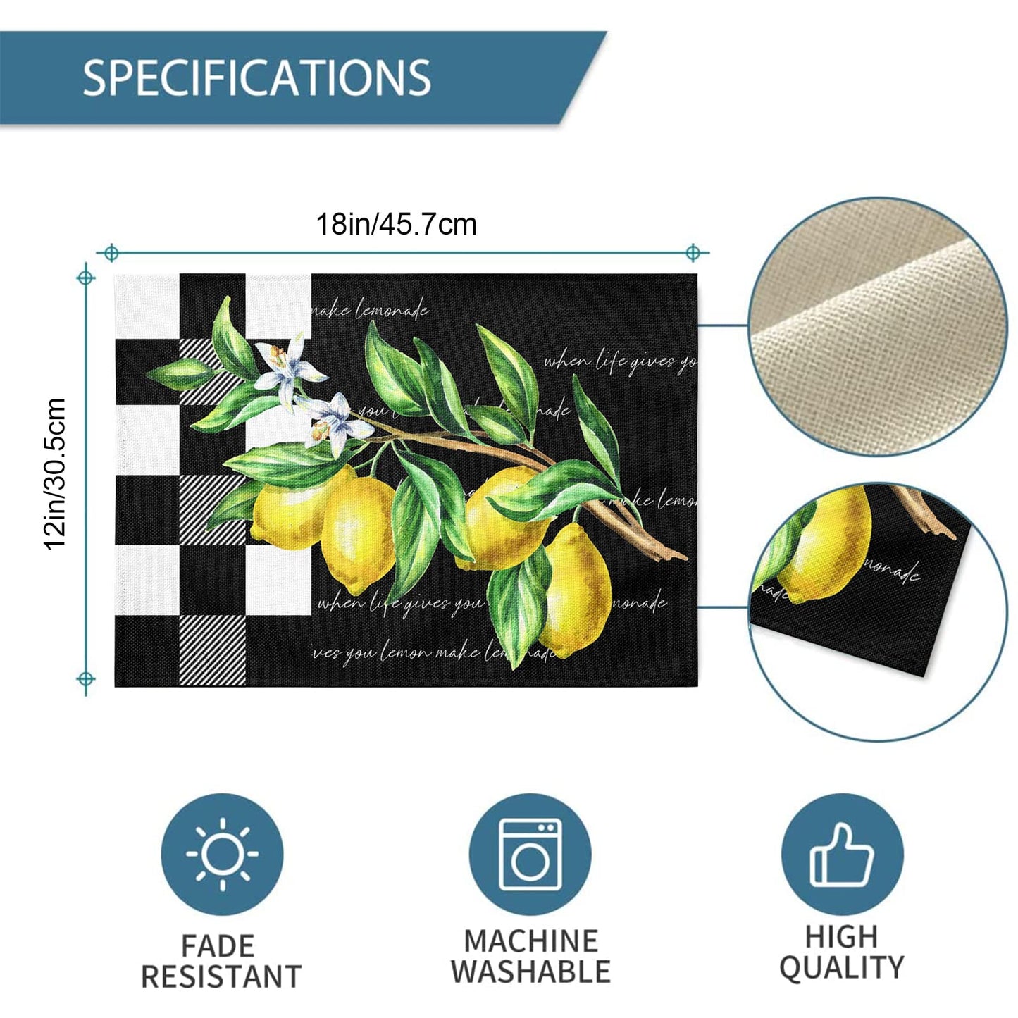 Placemats Set of 4, Yellow Lemon Non Slip Heat Resistant Linen Fabric Cotton Cloth Place Mats, Buffalo Plaid Black Square Washable Dining Table Mat for Summer Fall Rustic Farmhouse Home Kitchen Decor