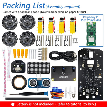 Freenove Mecanum Wheel Car Kit for Raspberry Pi Pico W (Included) (Compatible with Arduino IDE), Dot Matrix Expressions, Obstacle Avoidance, Line Tracking, Light Tracing, Colorful Light, App