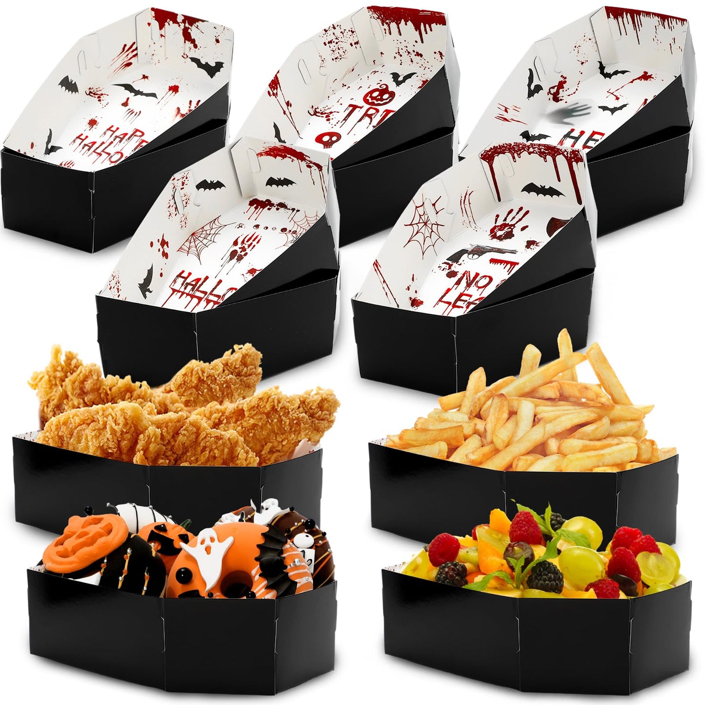 JarThenaAMCS 100Pcs Halloween Coffin Snack Trays Bloody Paper Food Trays Scary Handprint Bat Skull Coffin Boxes for Halloween Trick or Treat Party Food Storage Serving Supplies
