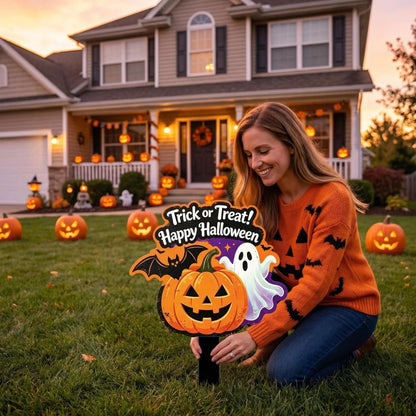Bekecidi Halloween Metal Yard Sign, 15.7 x 11.8 Inches Trick or Treat Pumpkin Ghost Decor, Iron Lawn Stake with Straight Ground Insert for Outdoor Garden Decorations